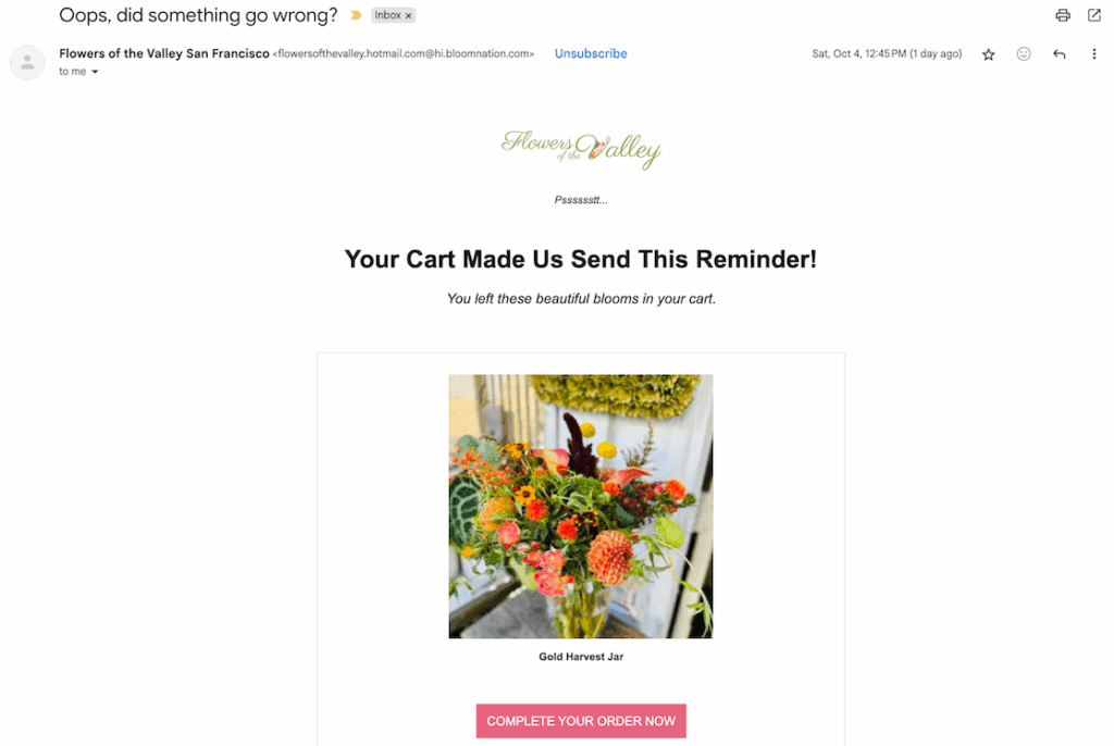 Abandoned cart email reminder flower shop