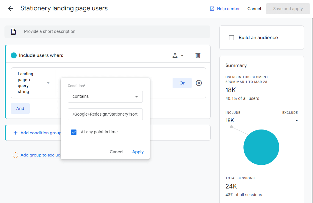 ga-segment-landing-page-filter - MonsterInsights Landing page filter - Google Analytics segment builder