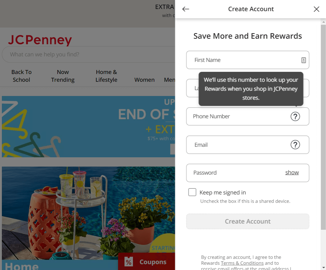 eCommerce customer retention strategies: JCPenney registration example