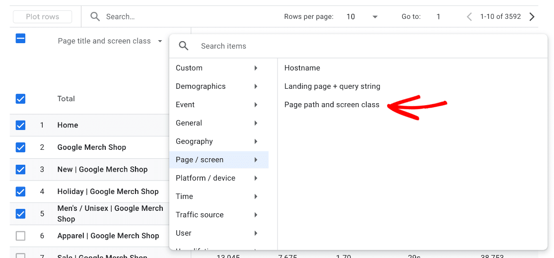 Add page path and screen class to pages and screens report