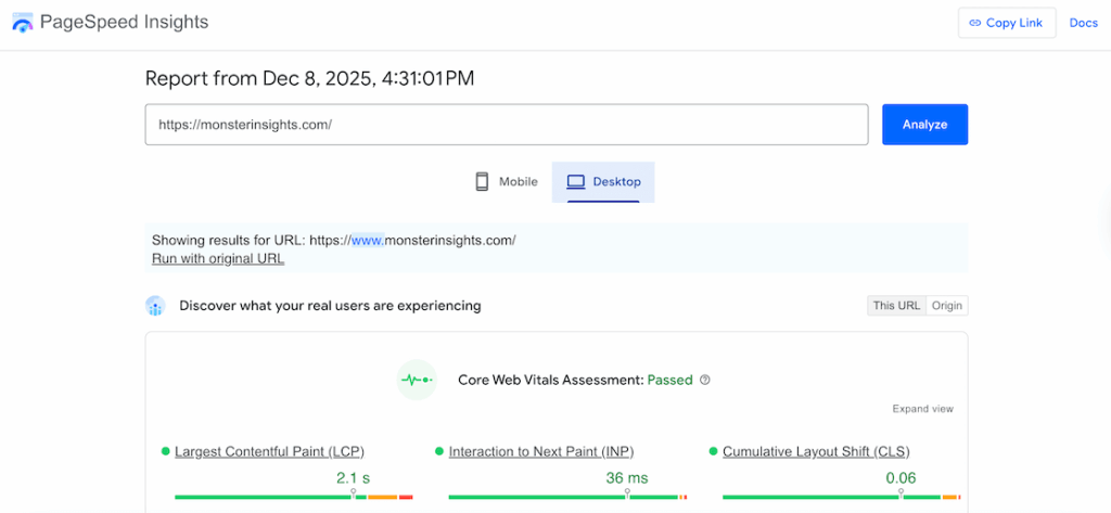 Google PageSpeed Insights results