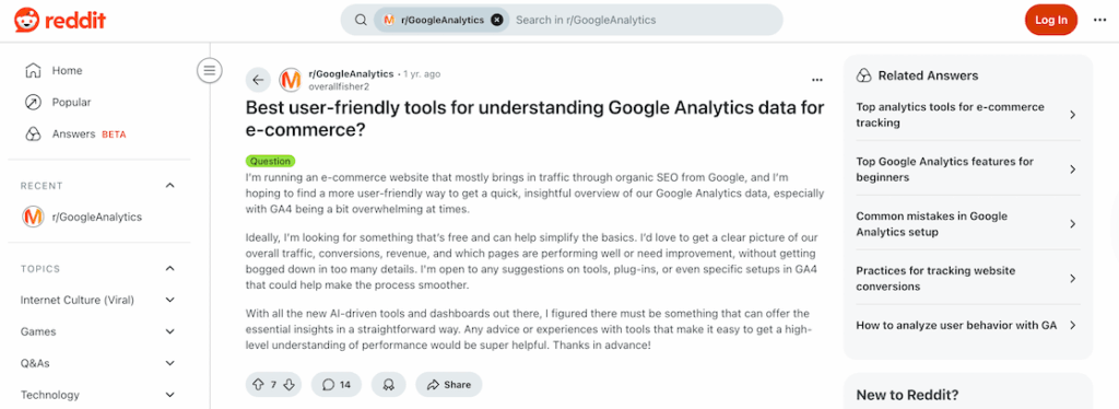 Reddit forum example google analytics