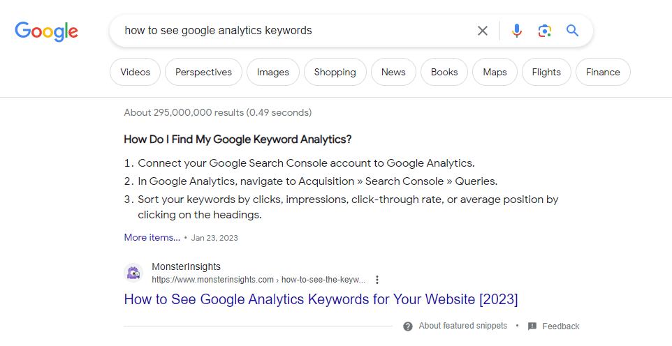 see-ga-keywords-featured-snippet-example - MonsterInsights See Google Analytics keywords example in Google answer box